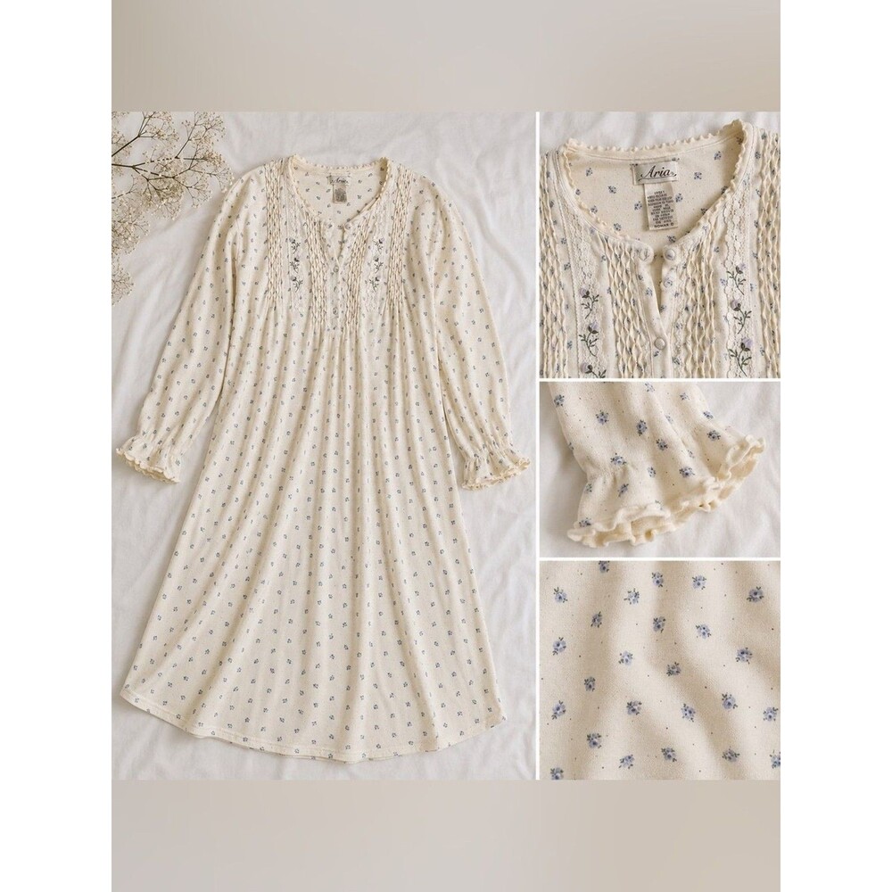 Aria Cream Nightgown with Blue Floral Pintuck Yoke